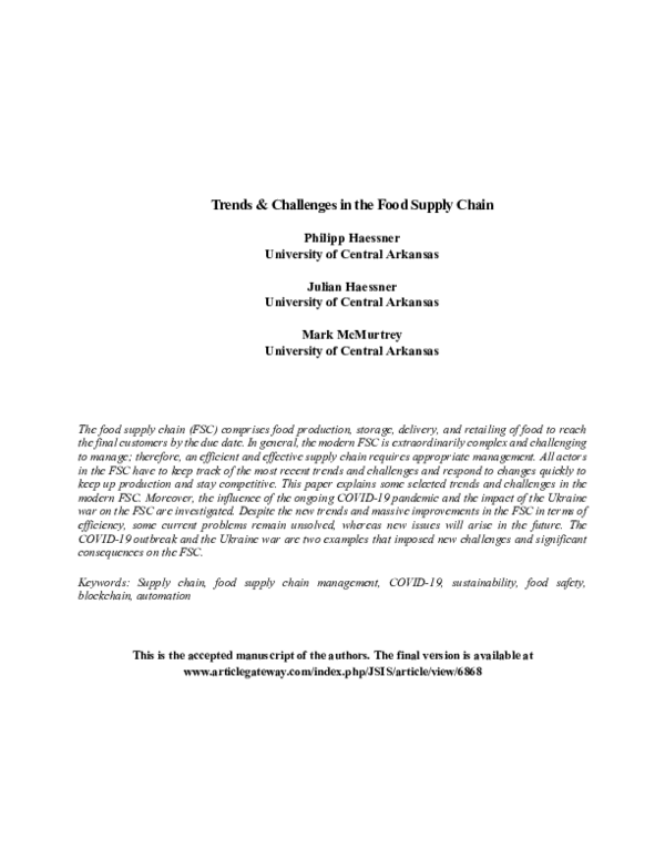 (PDF) Trends & Challenges in the Food Supply Chain