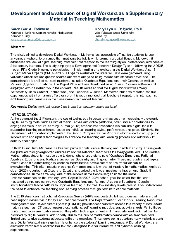(PDF) Development and Evaluation of Digital Worktext as a Supplementary ...