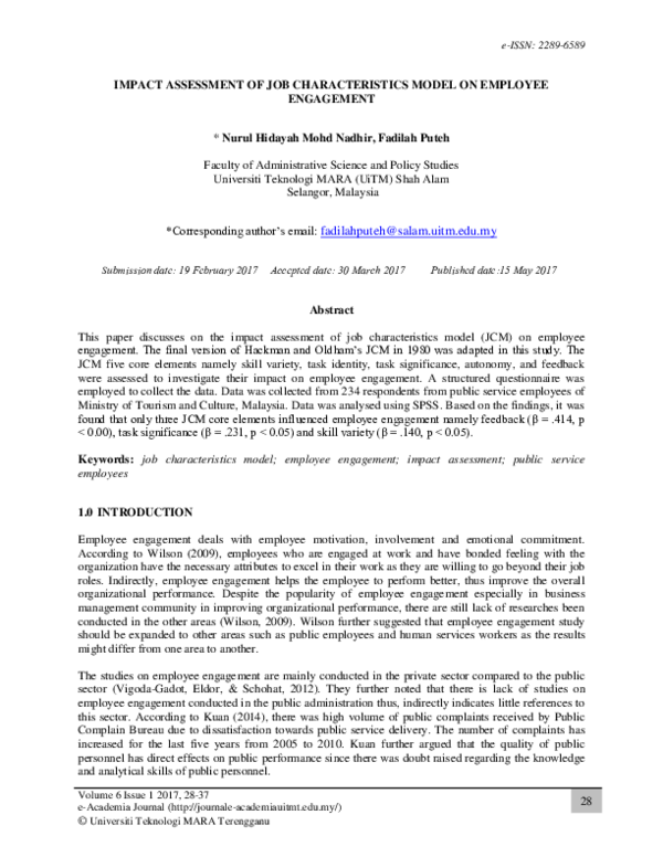 (PDF) Impact Assessment of Job Characteristics Model on Employee Engagement