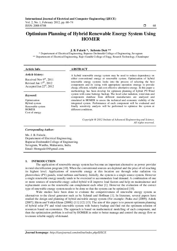 (PDF) Optimium Planning of Hybrid Renewable Energy System Using HOMER