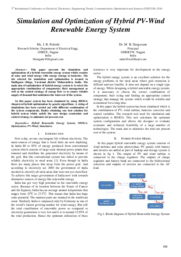 (PDF) Simulation and optimization of hybrid PV-wind renewable energy system