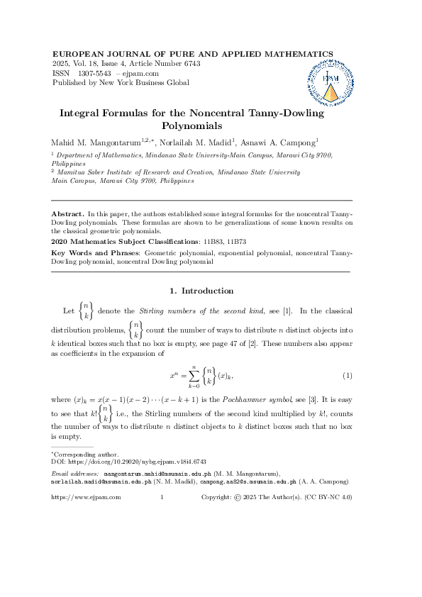 (PDF) Integral Formulas for the Noncentral Tanny-Dowling Polynomials