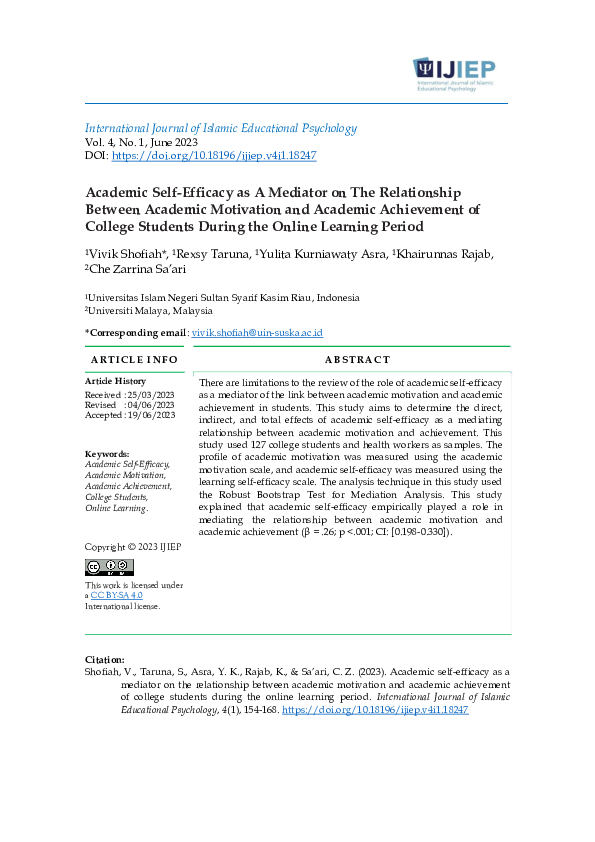 (PDF) Academic Self-Efficacy as A Mediator on The Relationship Between ...