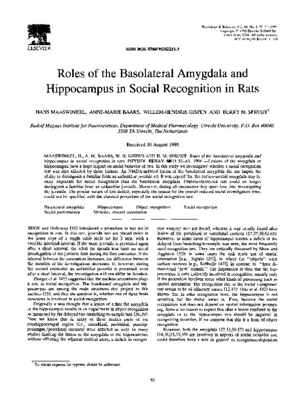 (PDF) Roles of the basolateral amygdala and hippocampus in social ...