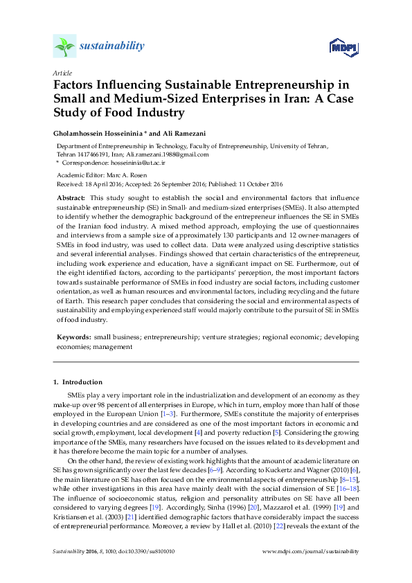 (PDF) Factors Influencing Sustainable Entrepreneurship in Small and ...