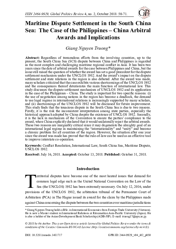 (PDF) Maritime Dispute Settlement in the South China Sea: The Case of ...