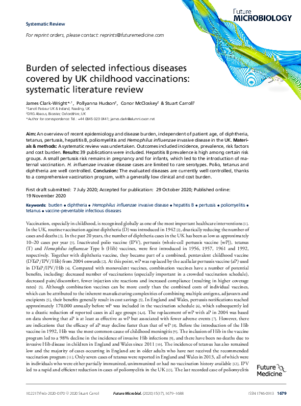 (PDF) Burden of selected infectious diseases covered by UK childhood ...