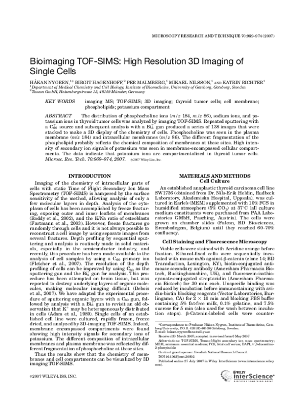 (PDF) Bioimaging TOF‐SIMS: High resolution 3D imaging of single cells