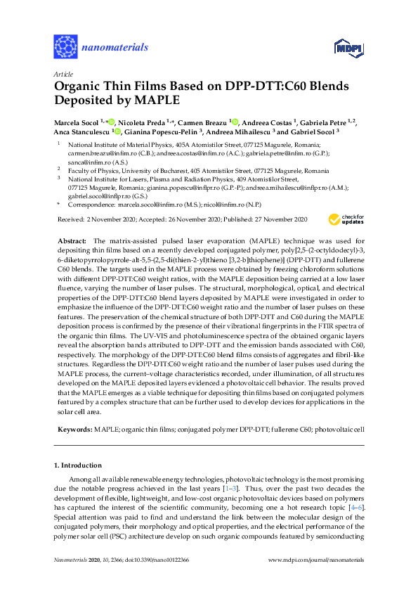 (PDF) Organic Thin Films Based on DPP-DTT:C60 Blends Deposited by MAPLE