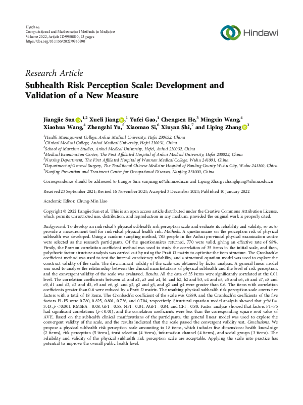 (PDF) Subhealth Risk Perception Scale: Development and Validation of a ...