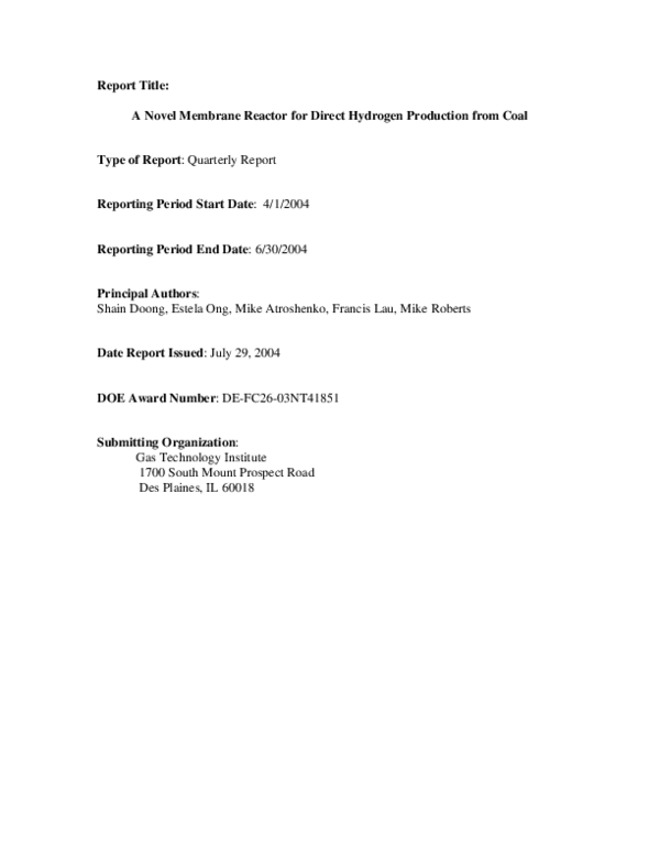(PDF) A Novel Membrane Reactor for Direct Hydrogen Production from Coal