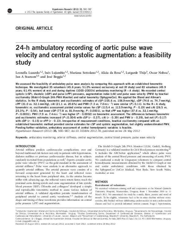 (PDF) 24-H Ambulatory Recording of Aortic Pulse Wave Velocity and ...