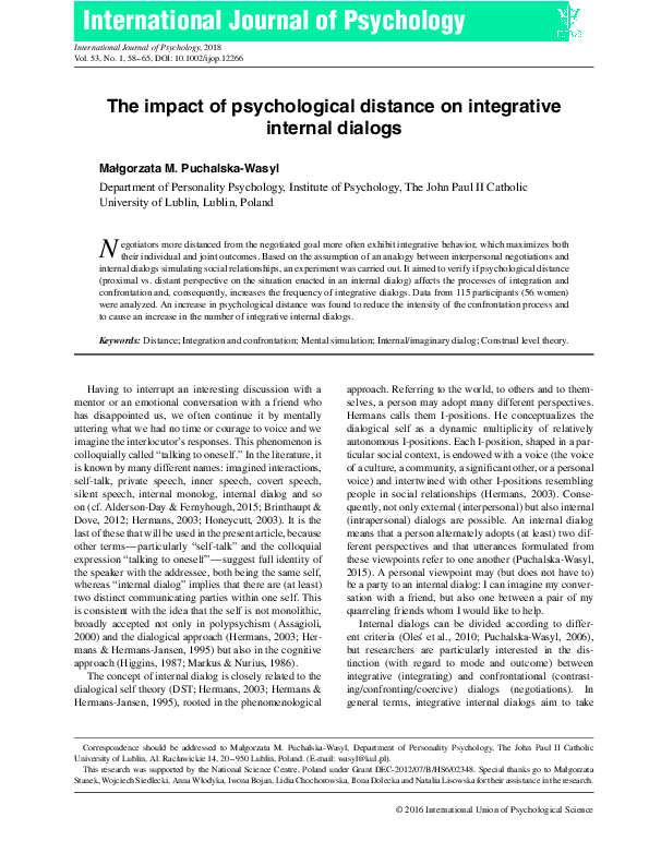 (PDF) The impact of psychological distance on integrative internal dialogs