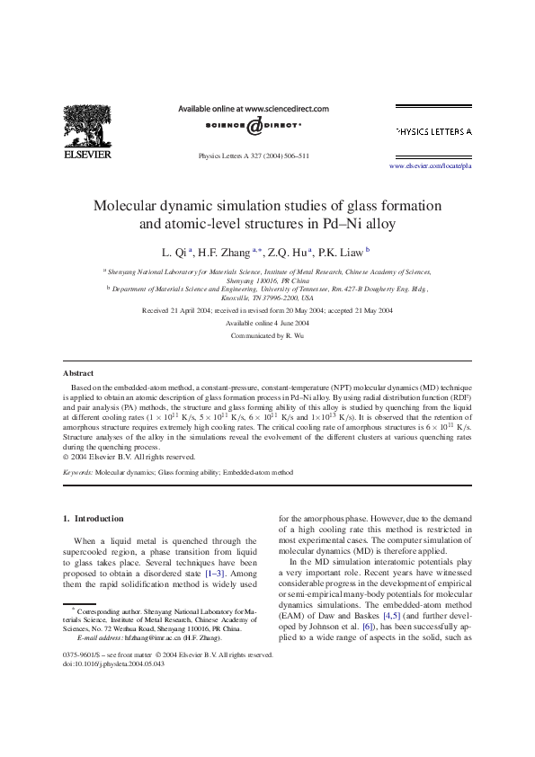 (PDF) Molecular dynamic simulation studies of glass formation and ...
