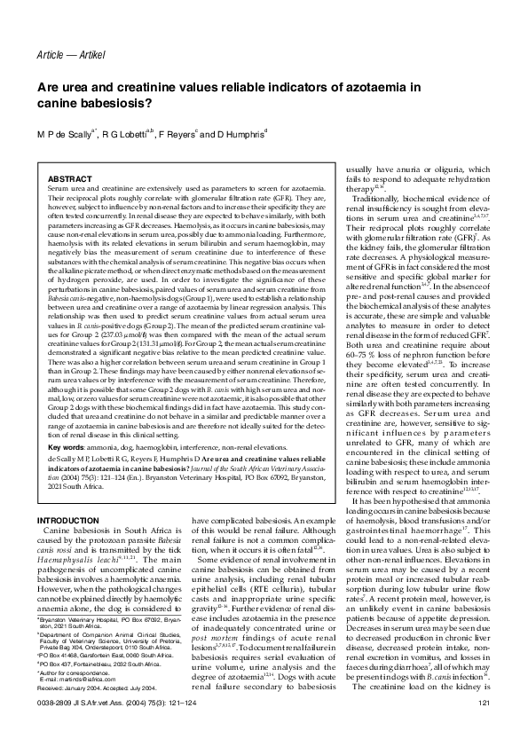 (PDF) Are urea and creatinine values reliable indicators of azotaemia ...