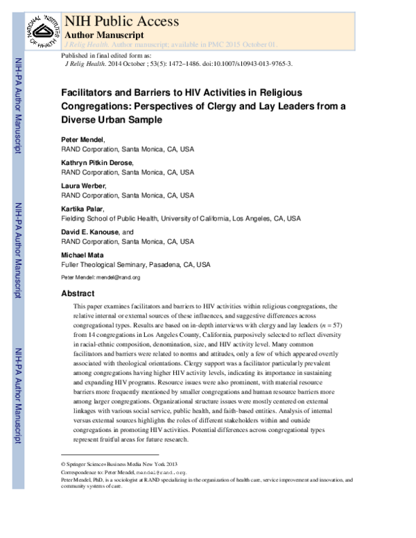 (PDF) Facilitators and Barriers to HIV Activities in Religious ...