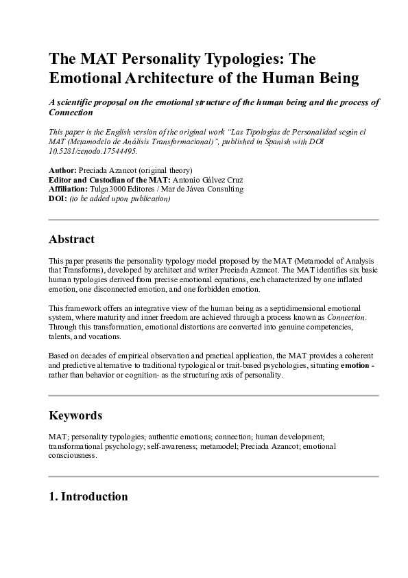 (PDF) The MAT Personality Typologies: The Emotional Architecture of the ...