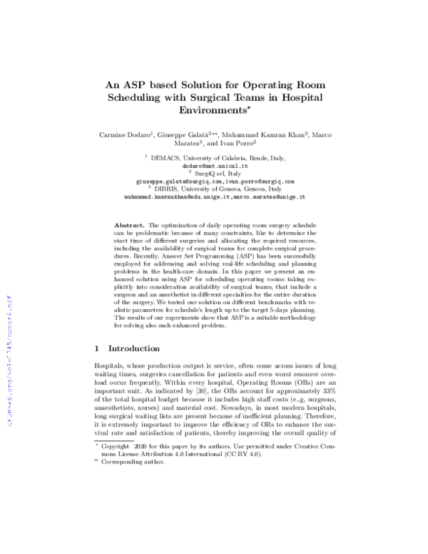 (PDF) An ASP based Solution for Operating Room Scheduling with Surgical ...