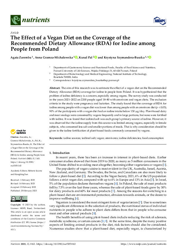 (PDF) The Effect of a Vegan Diet on the Coverage of the Recommended ...