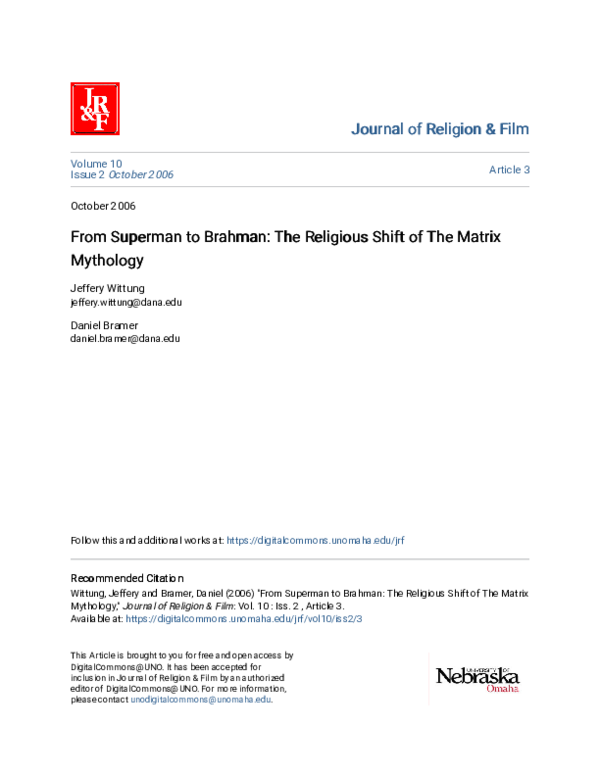 (PDF) From Superman to Brahman: The Religious Shift of The Matrix Mythology