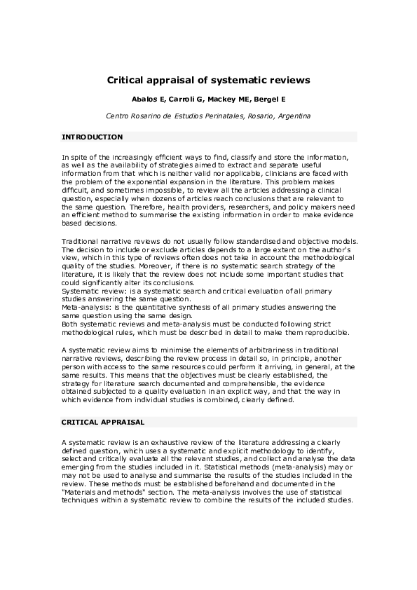 (PDF) TIPS AND TRICKS: Critical appraisal of systematic reviews