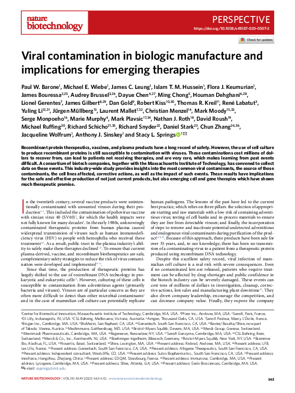 (PDF) Viral contamination in biologic manufacture and implications for ...