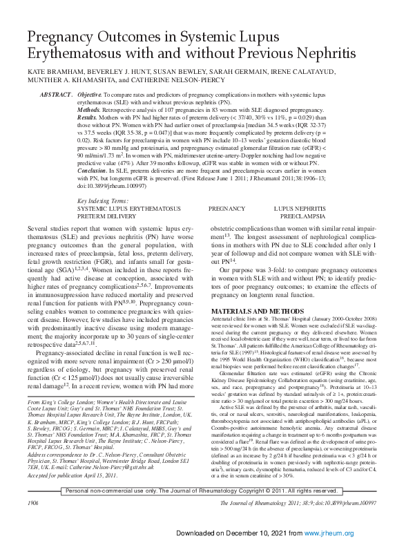 (PDF) Pregnancy Outcomes in Systemic Lupus Erythematosus with and ...