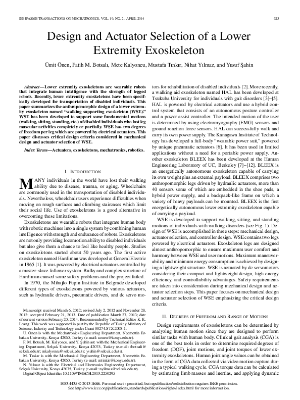 (PDF) Design and Actuator Selection of a Lower Extremity Exoskeleton