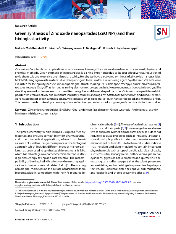 (PDF) Green synthesis of Zinc oxide nanoparticles (ZnO NPs) and their ...