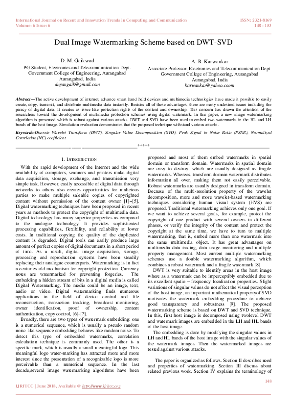 (PDF) Dual Image Watermarking Scheme based on DWT-SVD