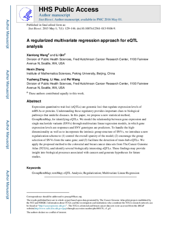 (PDF) A Regularized Multivariate Regression Approach for eQTL Analysis