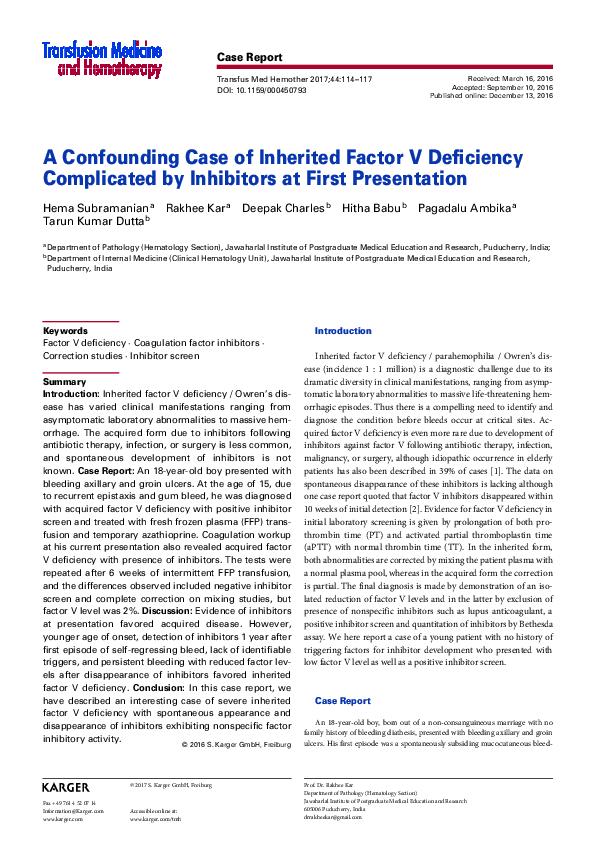 (PDF) A Confounding Case of Inherited Factor V Deficiency Complicated ...