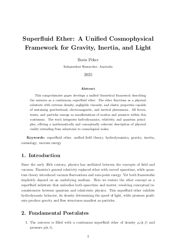 (PDF) Superfluid Ether: A Unified Cosmophysical Framework for Gravity ...