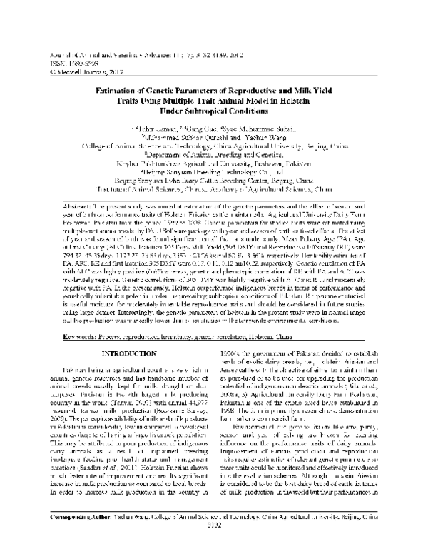 (PDF) Estimation of Genetic Parameters of Reproductive and Milk Yield ...