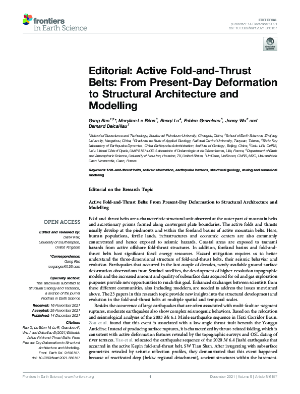 (PDF) Editorial: Active Fold-and-Thrust Belts: From Present-Day ...