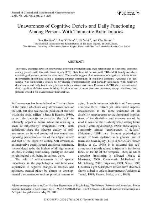 (PDF) Unawareness of Cognitive Deficits and Daily Functioning Among ...
