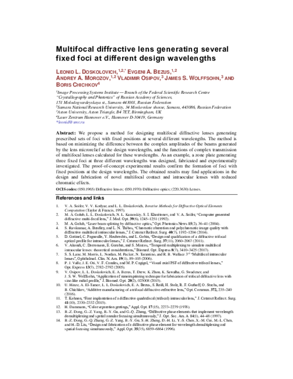 (PDF) Multifocal diffractive lens generating several fixed foci at ...