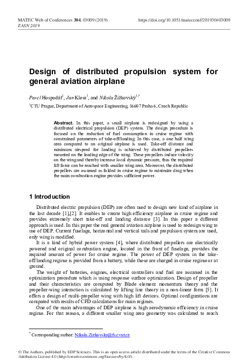 (PDF) Design of distributed propulsion system for general aviation airplane