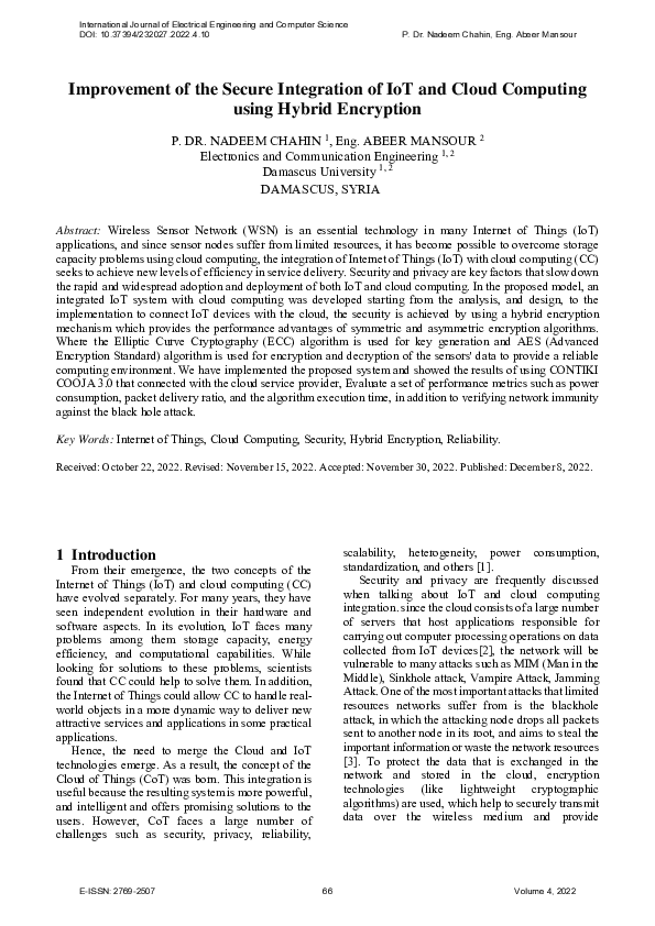 (PDF) Improvement of the Secure Integration of IoT and Cloud Computing ...