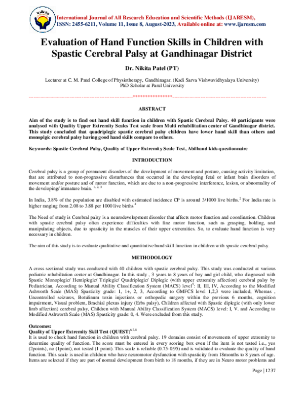(PDF) Evaluation of Hand Function Skills in Children with Spastic ...