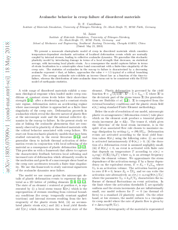 (PDF) Avalanche Behavior in Creep Failure of Disordered Materials