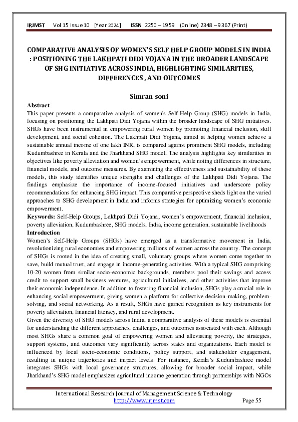 (PDF) COMPARATIVE ANALYSIS OF WOMEN'S SELF HELP GROUP MODELS IN INDIA ...