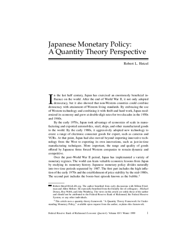 (PDF) Japanese Monetary Policy: A Quantity Theory Perspective