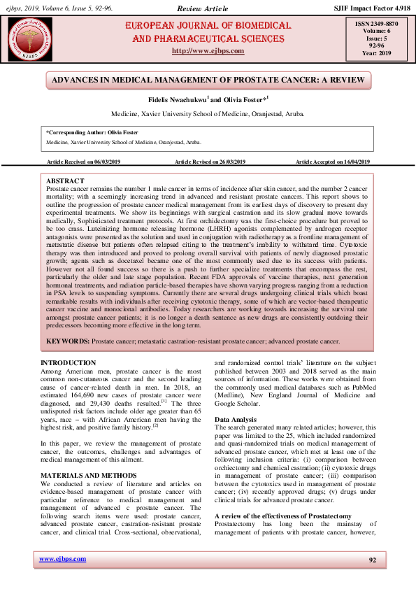 (PDF) ADVANCES IN MEDICAL MANAGEMENT OF PROSTATE CANCER: A REVIEW