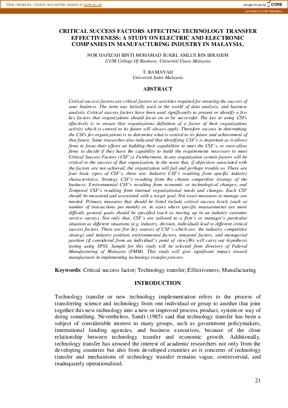 (PDF) Critical success factors affecting technology transfer ...