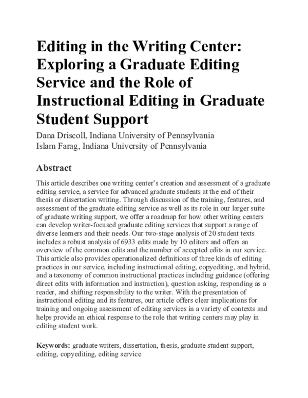 (PDF) Editing in the Writing Center: Exploring a Graduate Editing ...