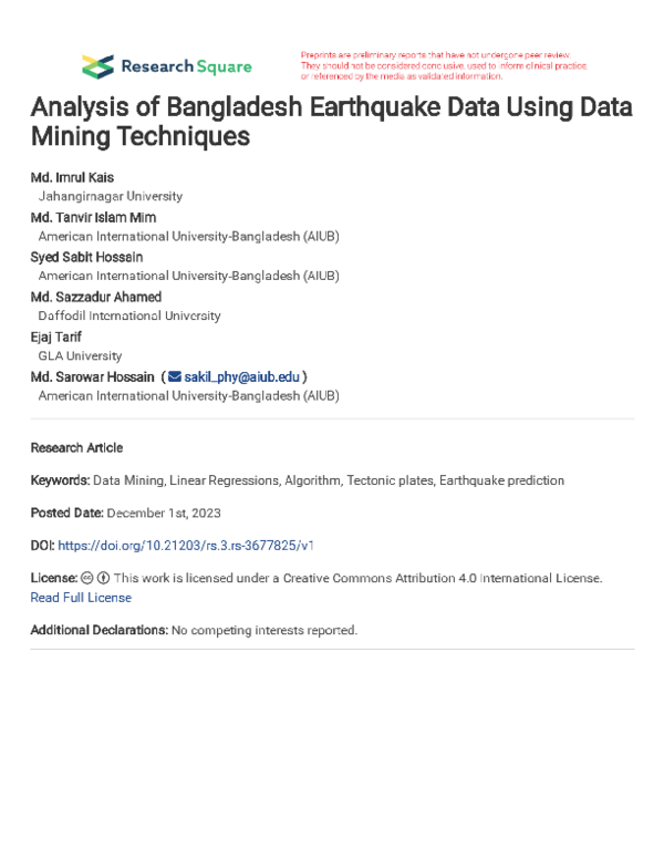 (PDF) Analysis of Bangladesh Earthquake Data Using Data Mining ...