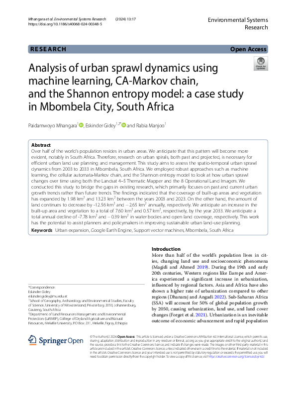 (PDF) Analysis of urban sprawl dynamics using machine learning, CA ...