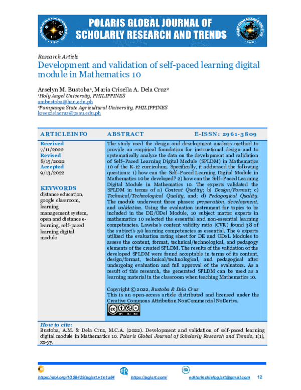 (PDF) Development and Validation of Self-Paced Learning Digital Module ...