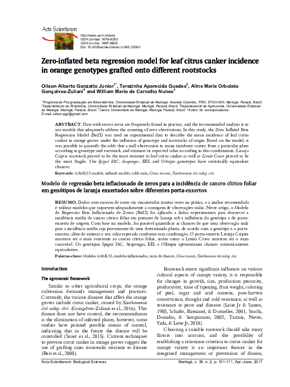 (PDF) Zero-inflated beta regression model for leaf citrus canker ...